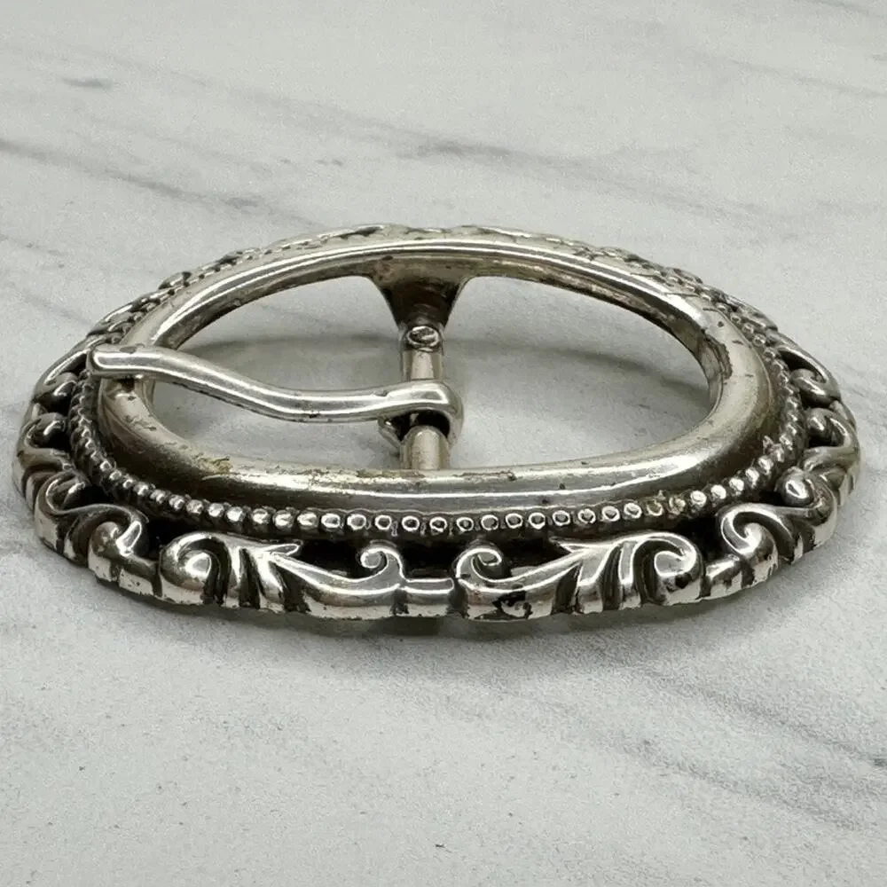 Silver Tone Oval Belt Buckle Scrollwork Filigree Border Beaded Frame Prong ✨